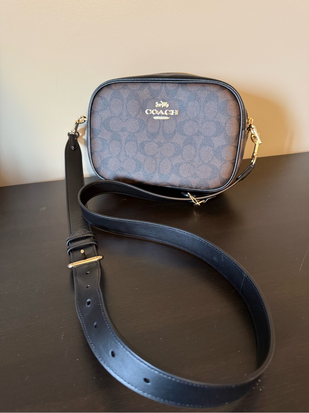COACH Brown Signature Canvas Crossbody with Black Leather Strap